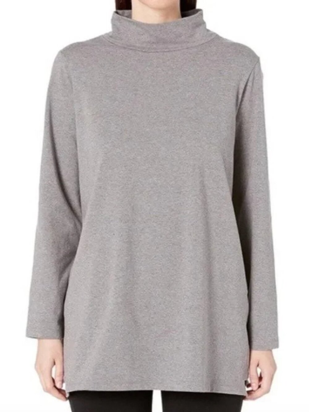 Eileen Fisher Mock Neck Top Womens XL Gray Organic Cotton Stretch Jersey Stretch